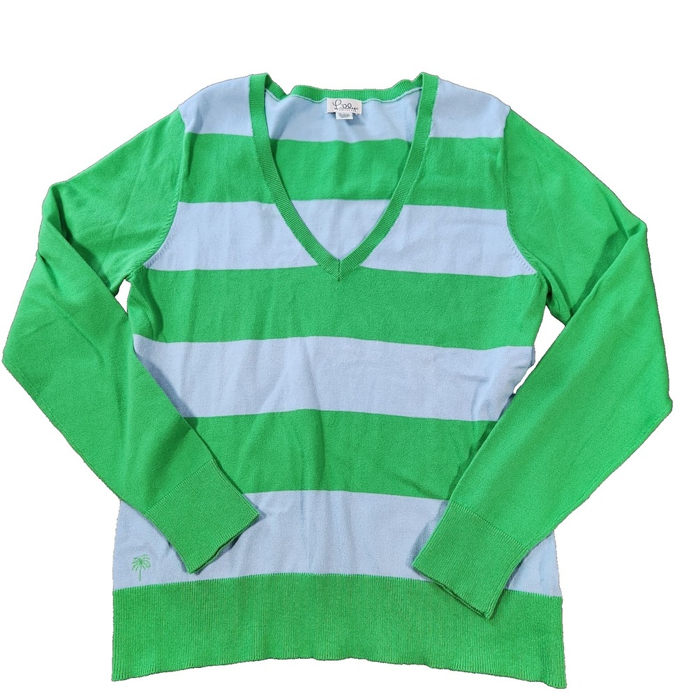 Lilly Pulitzer Womens Green Blue Striped V-Neck Palm Tree Logo Sweater Large